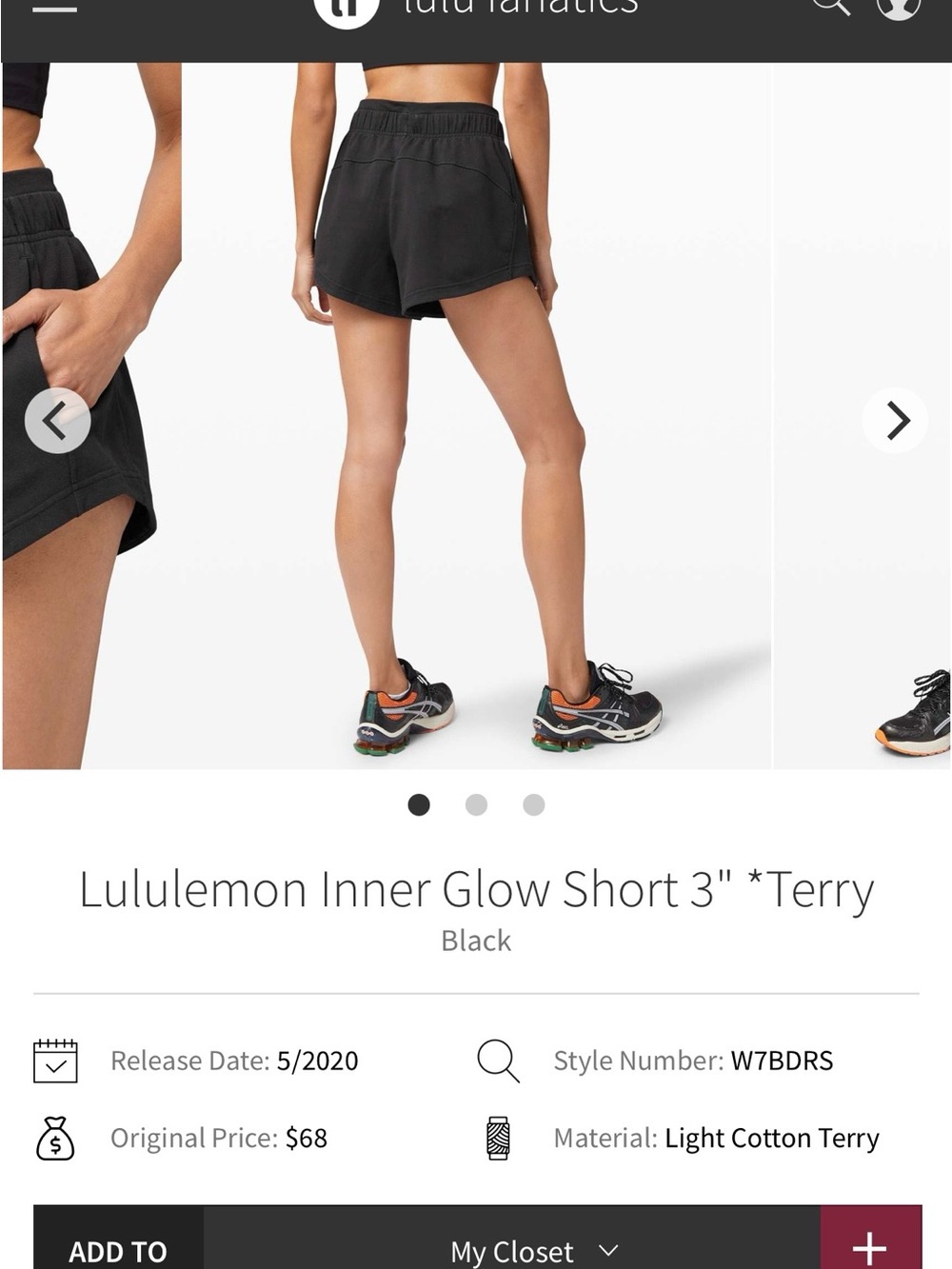 lululemon Inner Glow Terry Shorts 3" - Black - 10